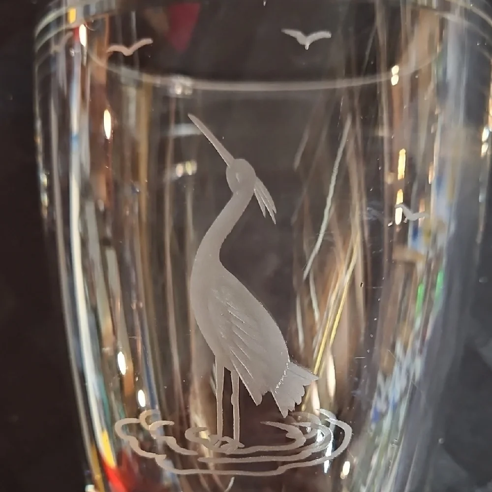 Heavy VTG Scandinavian Handblown Cut Glass Vase with Crane, Heron Egret Etching